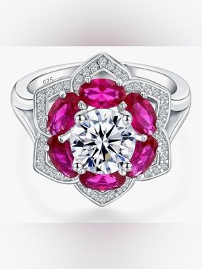 Unique 925 Sterling Silver Ruby Topaz Flower Cocktail Ring size 9
